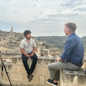 Vito Rondinone being interviewed in Matera for CBS Sunday Morning Show, representing Matera Private Tours